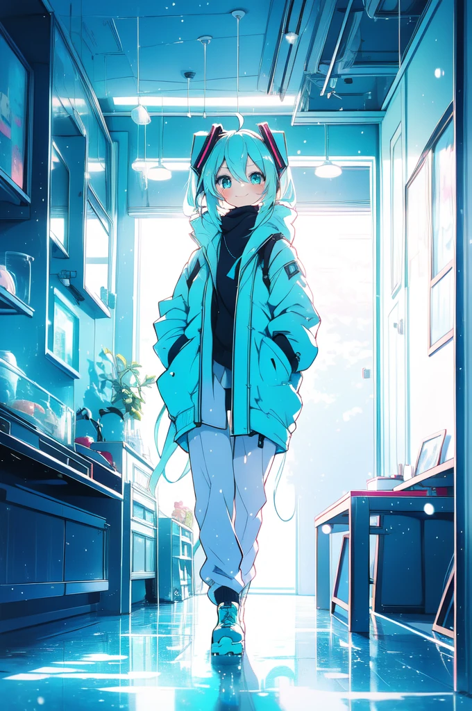  Hatsune Miku walks in the snow in a casual pose ,  with her body slightly tilted back and one hand in the pocket of a vibrant turquoise pouffer with yellow details Of course.  She shows off her characteristic long, light blue hair tied in two side bows ,  with discreet metallic headphones that highlight her look .  She looks softly to the side with a serene smile , while the surrounding snow reflects light ,  creating an effect of lightness in the scene and reinforcing the cool palette with shades of white and turquoise .