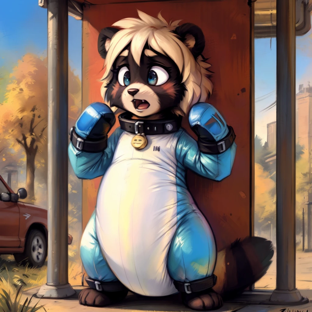 (((by fluff-kevlar, by Zackary911, by Kenket, by Kilinah))), solo ( red color tanuki), (detailed  tanuki), bright red fur,  red body, wearing a thick diaper, muscular abs, teal clear eyes,  shirtless, standing , looking at the observer with ashamed  face, scared, ( padded inflatable leather hand mitts) (padded inflatable leather socks), padded wrist cuffs,padded ankle cuffs, padded collar, scared , on futuristic laboratory, cute, japanese mascot,  proportions,  anatomy, fluffy body, at bus stop