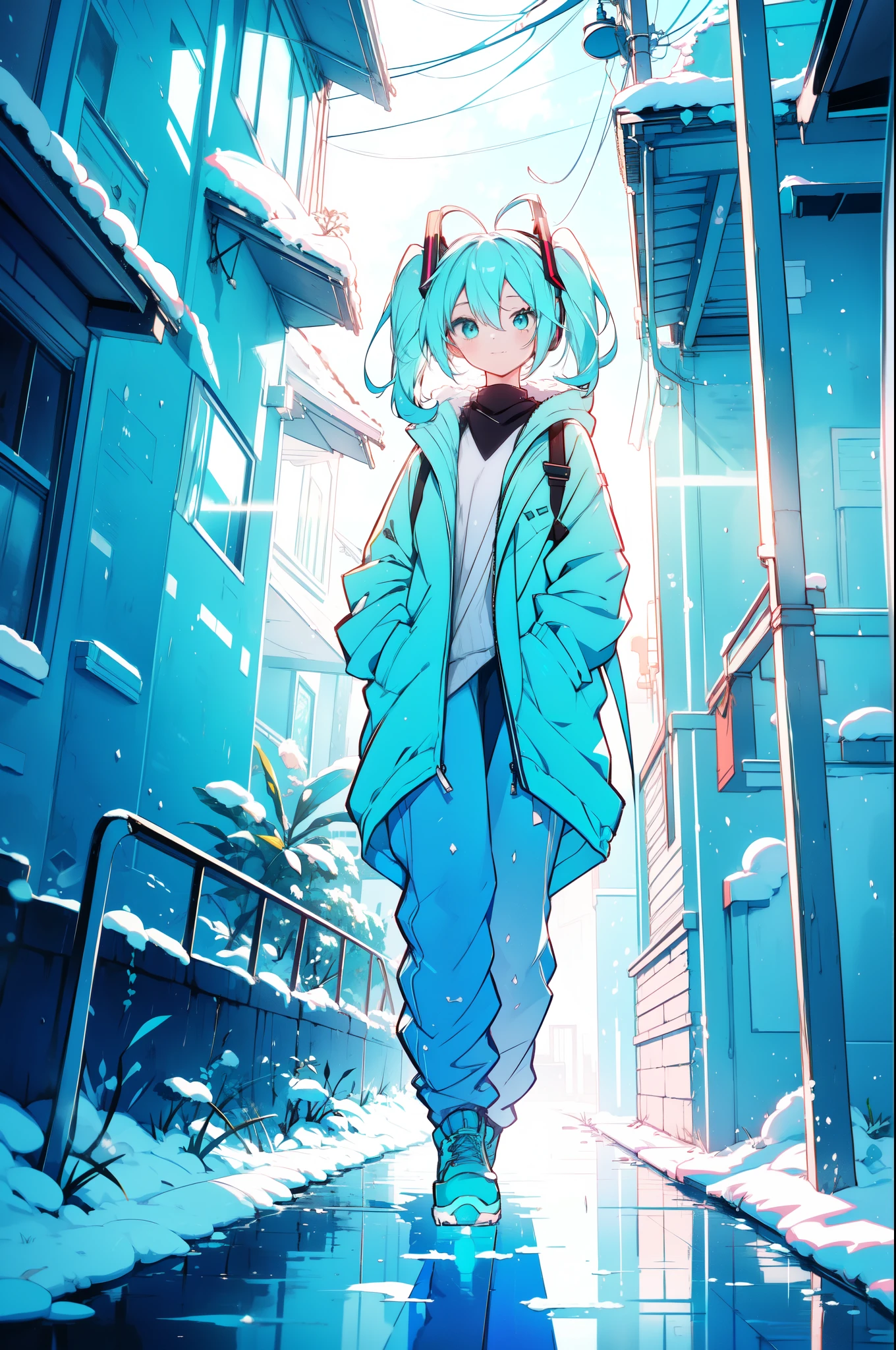 Hatsune Miku walks in the snow in a casual pose , with her body slightly tilted back and one hand in the pocket of a vibrant turquoise pouffer with yellow details Of course. She shows off her characteristic long, light blue hair tied in two side bows , with discreet metallic headphones that highlight her look . She looks softly to the side with a serene smile , while the surrounding snow reflects light , creating an effect of lightness in the scene and reinforcing the cool palette with shades of white and turquoise .
