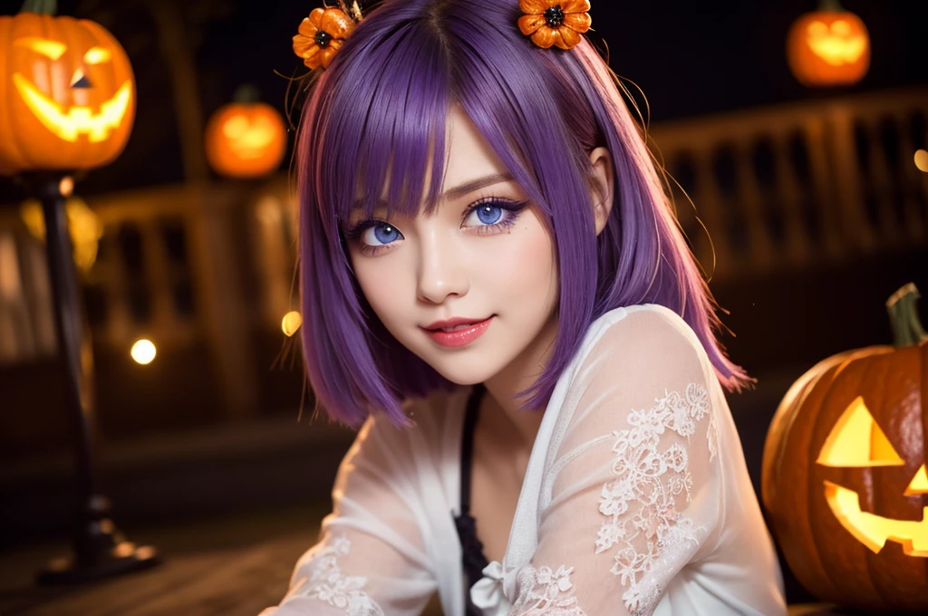 (8k), (highest quality), (Best details)night、Heavy Rain、Cute French girl sleeping in a tent in Heavy Rain、Completely naked、Tattoo、Purple Hair、Green Eyes、lamp、Holding a stuffed rabbit、Nipples、Nipples、