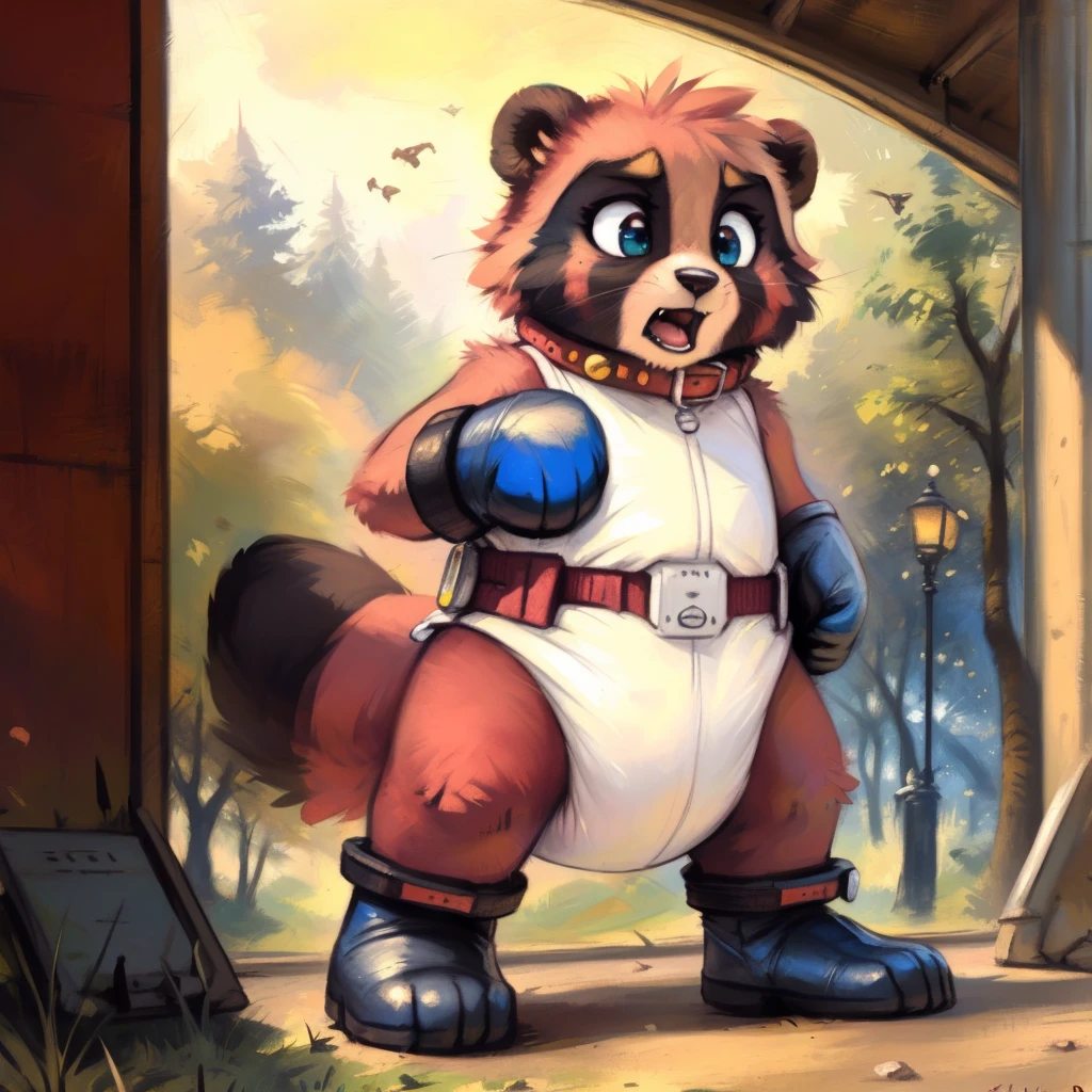 (((by fluff-kevlar, by Zackary911, by Kenket, by Kilinah))), solo ( red color tanuki), (detailed  tanuki), bright red fur,  red body, wearing a thick diaper, muscular abs, teal clear eyes,  shirtless, standing , looking at the observer with ashamed  face, scared, ( padded inflatable leather hand mitts) (padded inflatable leather socks), padded wrist cuffs,padded ankle cuffs, padded collar, scared , on futuristic laboratory, cute, japanese mascot,  proportions,  anatomy, fluffy body, at bus stop