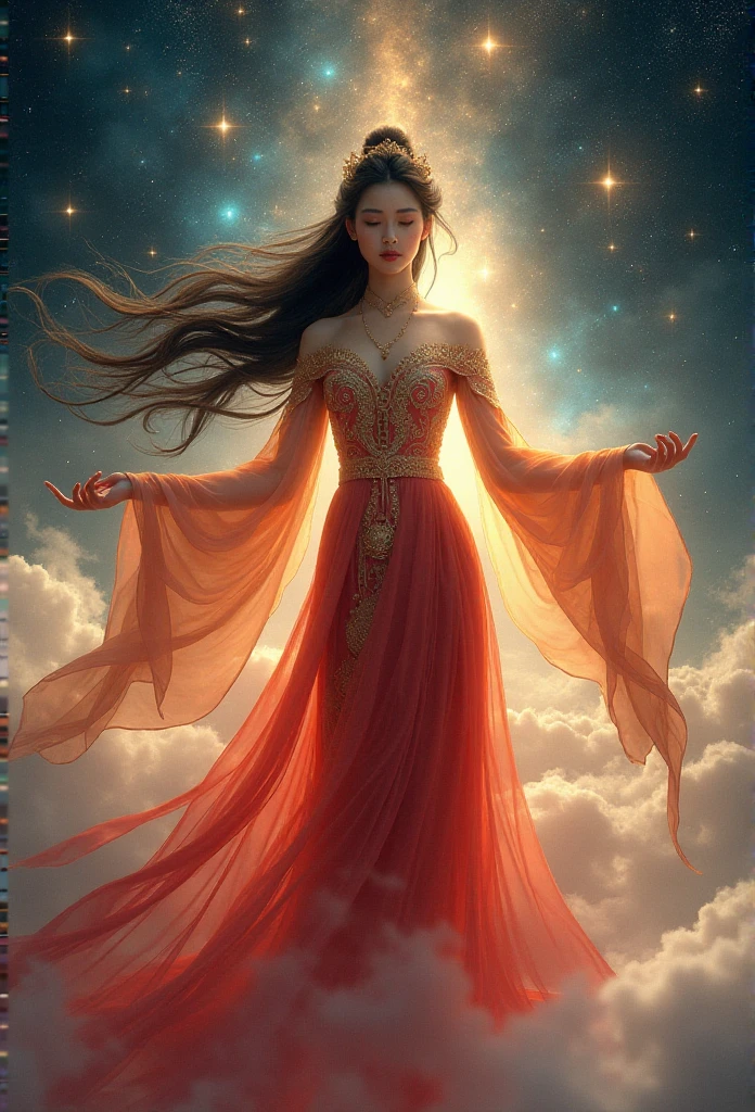 A young woman with an ethereal glow, adorned in an intricate Chinese traditional dress, floating gracefully in the vast expanse of space. Her outfit is a masterpiece of ancient Chinese design, with silk fabrics in vibrant hues of red and gold that reflect the grandeur of a celestial goddess. The dress, which appears to be made of cosmic clouds, flows around her as if caught in a gentle galactic breeze, revealing a long, flowing skirt that seems to blend into the stars. Her long dark hair is loose, and it floats in the weightless environment like an ink painting come to life. Her expression is serene, with eyes closed in a peaceful meditation, suggesting a deep connection to the cosmos. Above her, a constellation of stars is arranged in a pattern reminiscent of traditional Chinese mythological motifs, as if the universe itself is paying tribute to her divine presence. The woman's posture and the way her hands are delicately placed convey an aura of spiritual power and tranquility. The contrast between the timeless elegance of the garment and the futuristic backdrop of floating space debris and nebulous galaxies creates a mesmerizing fusion of past and present, earthly and cosmic. Her presence in this boundless setting embodies the harmony and grace of a deity transcending the confines of human existence, inviting the viewer to contemplate the beauty and mystery of the universe.