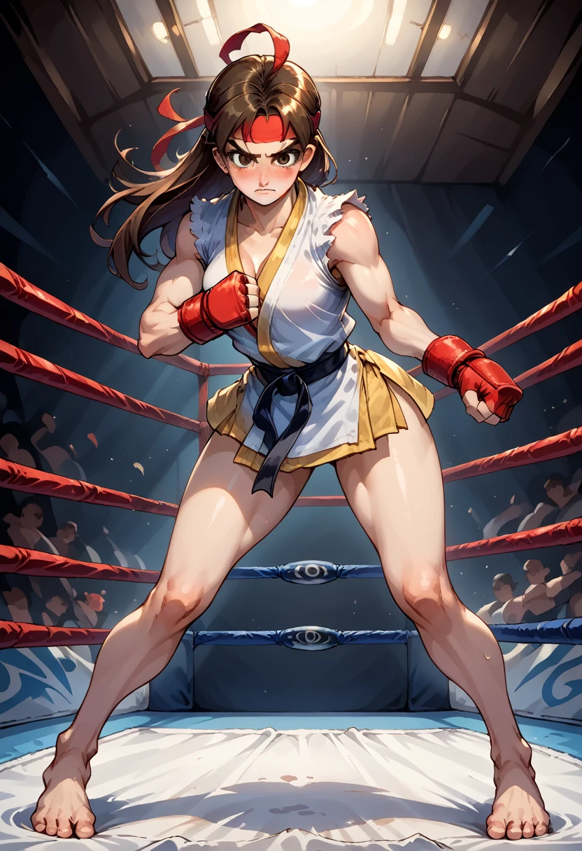 score_9, score_8_up, score_7_up, 1girl, solo,genderswap \(mtf\), medium breasts, skinny, Ryustr33tf1ght, black gair, long hair, brown hair, brown eyes, headband, (white dougie), sleeveless, black belt, red gloves, fingerless gloves, bare bottom, thighs, full body, barefoot, nervous, blushing, looking at you, fighting ring, camera flashes