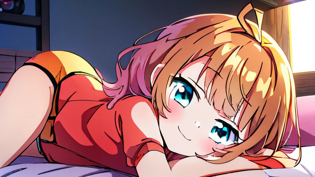 ((masterpiece)), ((best quality)), (ultra-detailed), anime style, on the bed, a cute girl, 1girl, solo, gym shorts00, ((beautiful eyes))0, smile