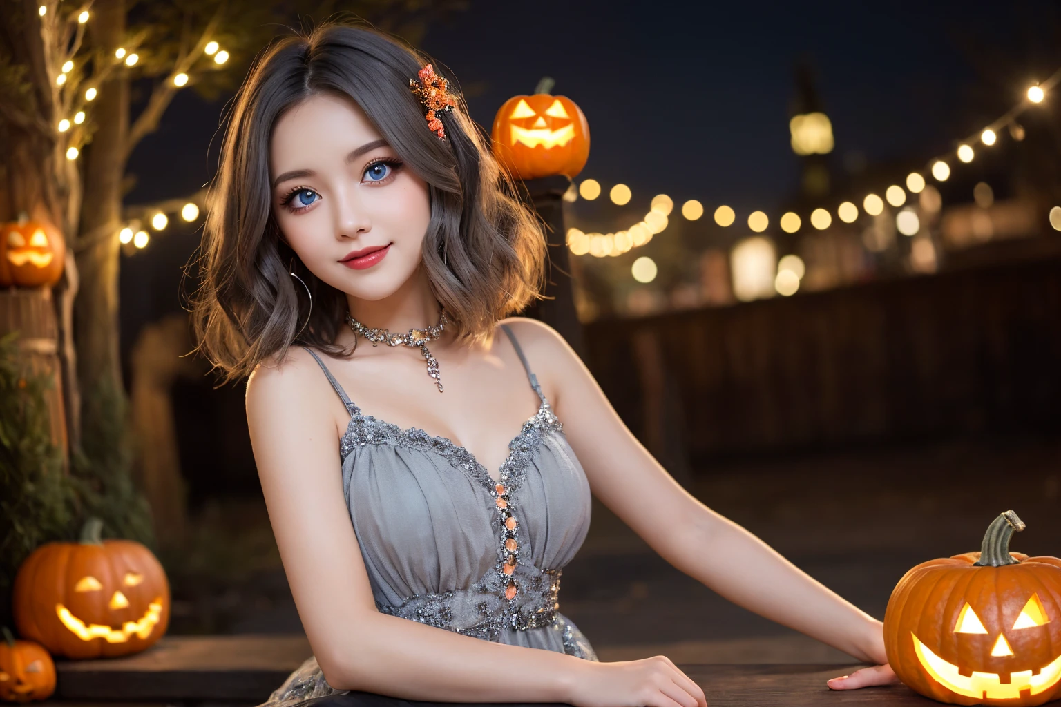 (upper body photo,a 16 year old girl, detailed cutie face, beautiful detailed eyes,detailed dropped eyes, beautiful charming smile, extremely detailed face, cute, anime style, halloween party:2.0), colorful lights, pumpkin decorations, haunted house, fog, spooky atmosphere, (best quality, 4k, highres, masterpiece:1.2), realistic, photorealistic, photo-realistic, vivid colors, intricate details, fantasy, soft lighting, magical