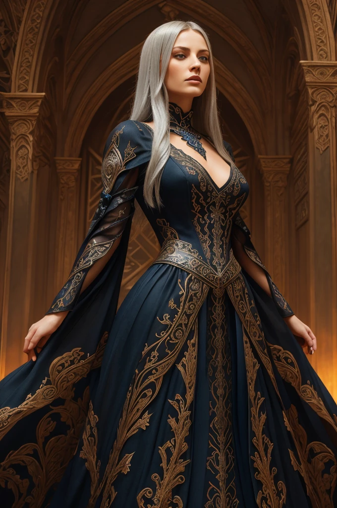 A woman with long silver hair, with intense blue eyes, wearing a gothic dress with red and black skull patterns, the sleeves of the dress are wide and flowing, standing out against a soft background, she displays a serene but mysterious expression, like an elegant and powerful sorceress, detailed illustration in digital style, soft lighting focusing on the details of the dress' textures., beautiful, Arts and Crafts Movement, oil, low angle, Animation, Sharp, Print, multi colors, Hyperrealism, sunset lighting, 8-bit
