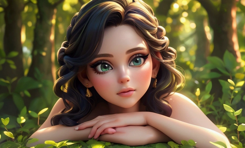 beautiful young woman, 22 years old, laying on the grass in a magical forest, beautiful detailed eyes, beautiful detailed lips, extremely detailed eyes and face, long eyelashes, elegant pose, (best quality,4k,8k,highres,masterpiece:1.2),ultra-detailed,(realistic,photorealistic,photo-realistic:1.37),vibrant colors, natural lighting, fantasy, enchanted forest, lush greenery, golden hour lighting