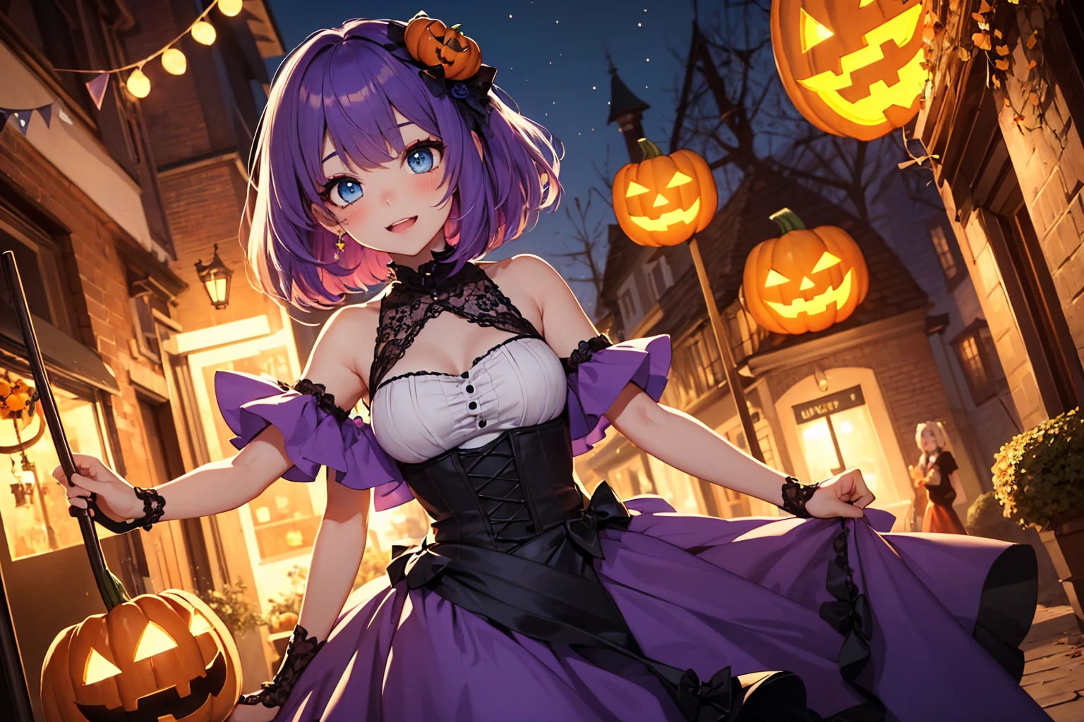 masutepiece, High resolution, 8K, anime woman, Delicate and detailed writing 、Detailed digital illustration、(((Straight pigtail)))、Shiny hair、Bangs、a very beautiful woman、Eyes are double, Large, (((Bust is an A cup)))、High image quality, High quality、Detailed background、The inside of the eye shines like a diamond、Light purple hair、Gradient pupil、(((2 arms、4 fingers, 1 thumb)))、Detailed female face、Very beautiful and cute woman、、细致背景、masterpiece、Soft Focus , Bright gradient watercolor , Lens Flare , (((Glitter))) , Glow , Dreamy , Light Purple Ribbon、(((Very Beautiful Light Purple Rose Hair Accessories)))、Big smile、(Devil Costume, Halloween Costume:1.8),Sexy Pose