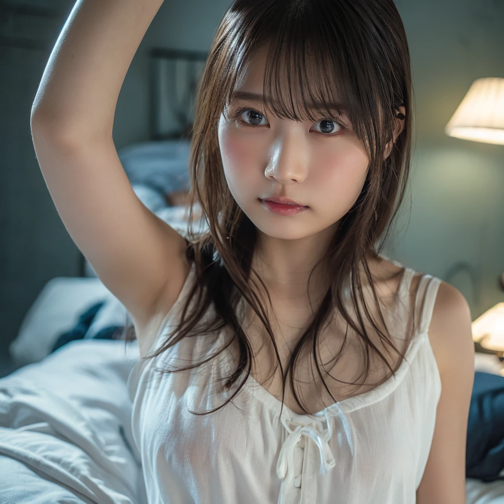  high resolution,  textured skin around the chest,  girl, 20 years old, Height: 153cm, ((Big Breasts,round face)), photograph, ((outcrop)), ((Busty, chestの谷間, chest,  sexy)),  cute, night ,  ponytail hair ,  seductive face , bed,  sexy, Wet hair, Nipples, bedルーム, underwear, Baby Face