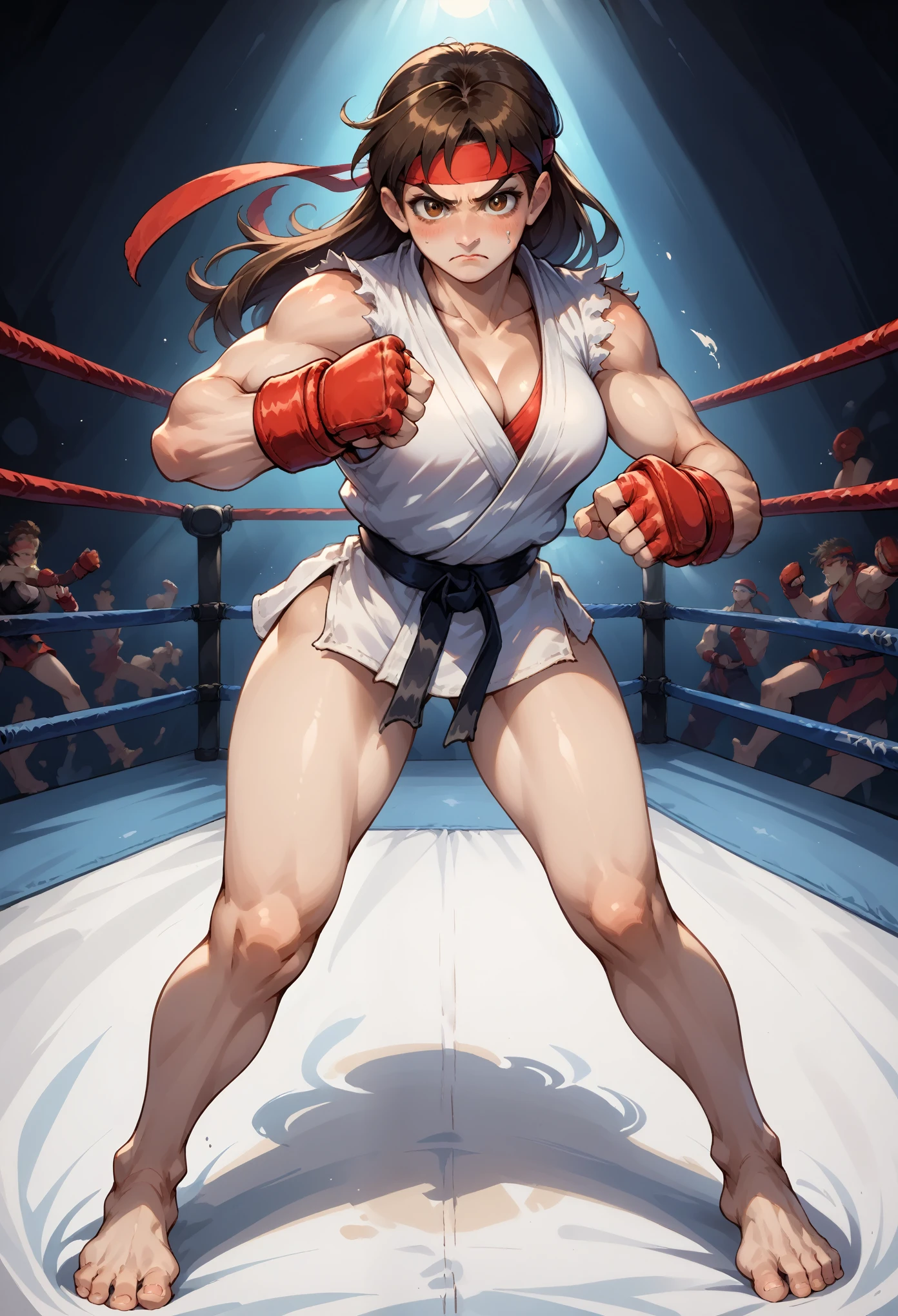 score_9, score_8_up, score_7_up, 1girl, solo,genderswap \(mtf\), medium breasts, skinny, Ryustr33tf1ght, black gair, long hair, brown hair, brown eyes, headband, (white dougie), sleeveless, black belt, red gloves, fingerless gloves, bare bottom, thighs, standing,full body, barefoot, nervous, fighting stance, blushing, looking at you, fighting ring, camera flashes