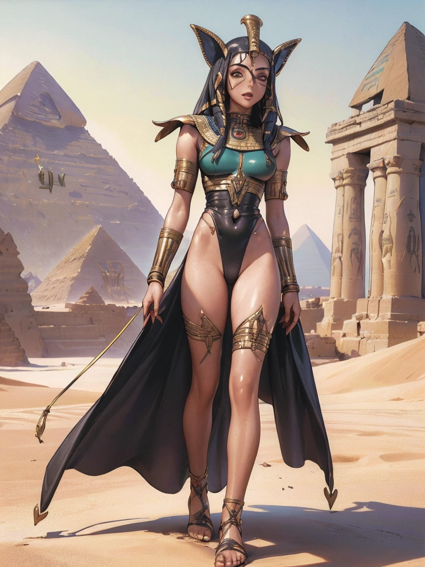 egyptian princess, Futuristic Egyptian costumes, Egyptian headdress in the shape of a cobra serpent, ((( white tribal paint on the skin ))), (((best qualityer))), (((perfectbody))), (((1girl))),(Severus snape's daughter,11age , witch ,Fair skin tone, green eye, Black Hair, europen england, (((walking forward))), (((Pharaoh))), (((glossy black skin))), (((fully body))), (((dental floss))), (((Egyptian costume ))), (((coxas nuas))), (((DuneWalker))), high collar, digitalpainting, matte red, Digital illustration, extreme detail, digitl art, 4K, ultra HD. Your skin is deep, rich colour