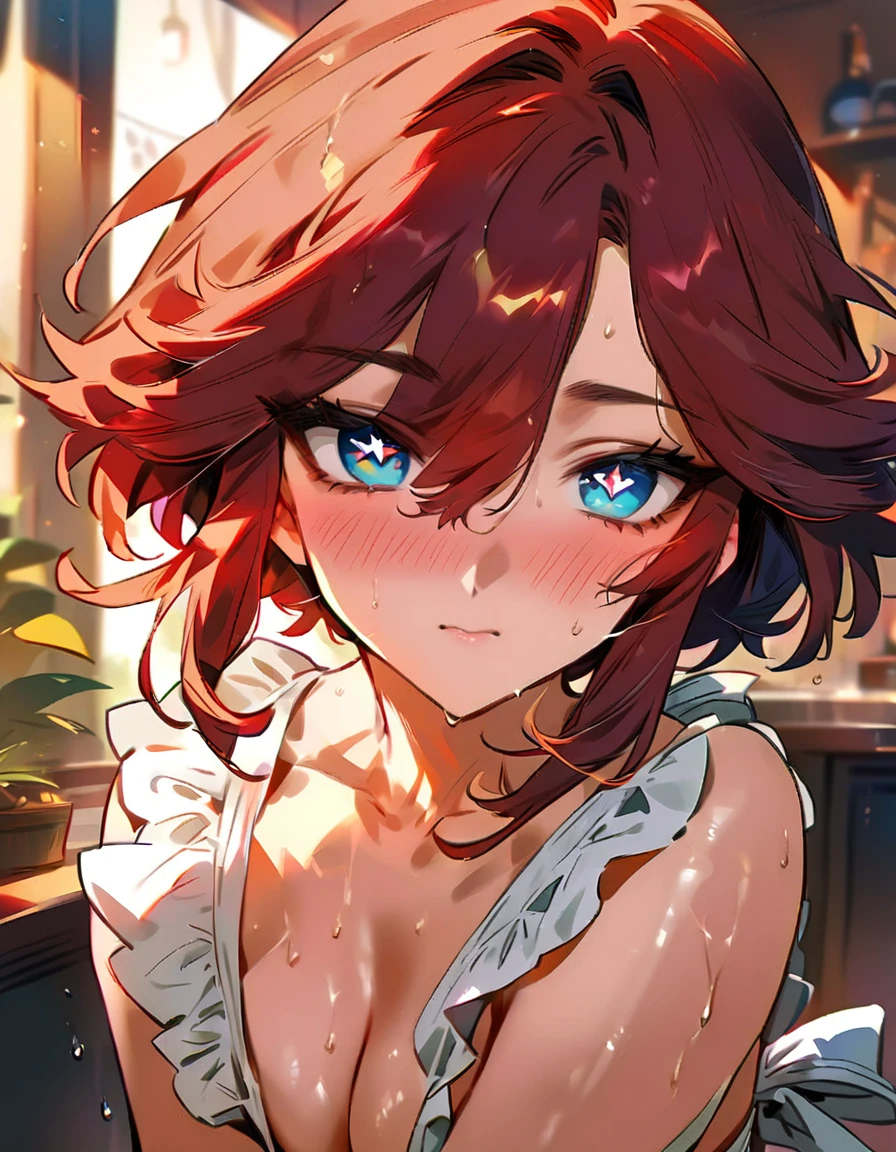 Ultra HD, Necessary, masterpiece,  Anatomically Correct ,  textured skin ,  Super detail,  best quality, 16k, 1080P,Alone,(1 female, perfect body ,   short white hair ),(blue eyes with red x-shaped pupils:1.9),(wearing a naked apron:1.7)( transparent),( sweaty skin :1.7),(Wearing white silk stockings:1.7),(open pose:1.7),(total blush:1.7),(in the kitchen),(Genshin Impact/harlequin),[face detail]
