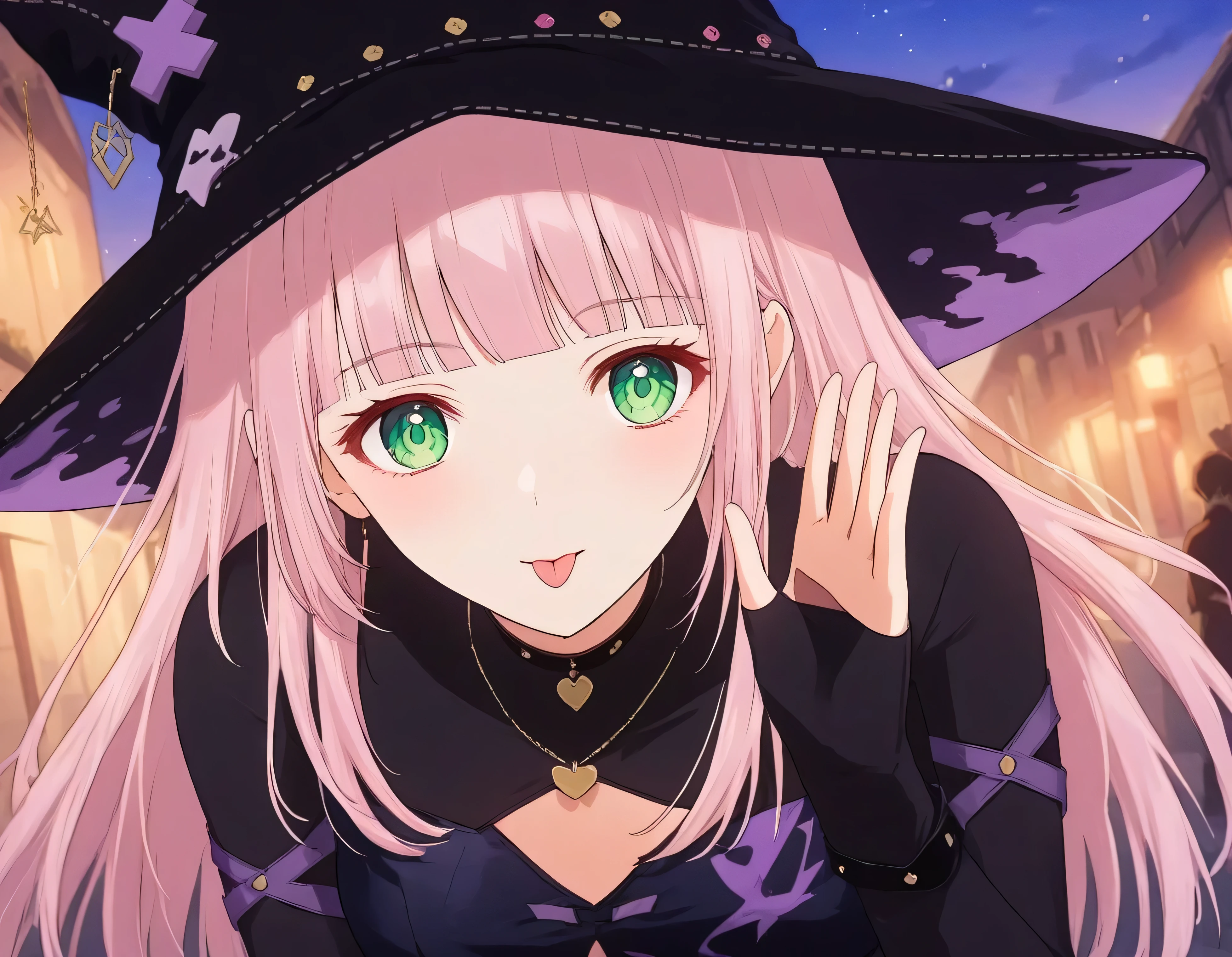 luzao\(EOE\),one girl,solo,(by mitsumi misato:0.6),best quality, masterpiece, ,,break,1girl, outdoors,(Detailed background), (Detailed Lighting),,break, super detailed skin,very high resolution, very aesthetic, Best sexual lighting powered by famous artist, 8k, 16k,,beauty illustration,photoshop_(small),,(Detailed Lighting),best anime 8k konachan wallpaper, pixiv contest winner,(green eyes:1.2),(pearl pink hair|Detailed hair|blunt bangs|shiny hair),(black vest,black large coat,miniskirt,black pantyhose,large witch hat),,(POV,waving),(serious,tongue out),unaestheticXL_bp5, (negative_v2 Color_Balance_Calibration:0.8), aidxlv05_neg, (SuperQuality:1.0) ~ (SuperQuality:1.2), aid210, SimplePositiveXLv2