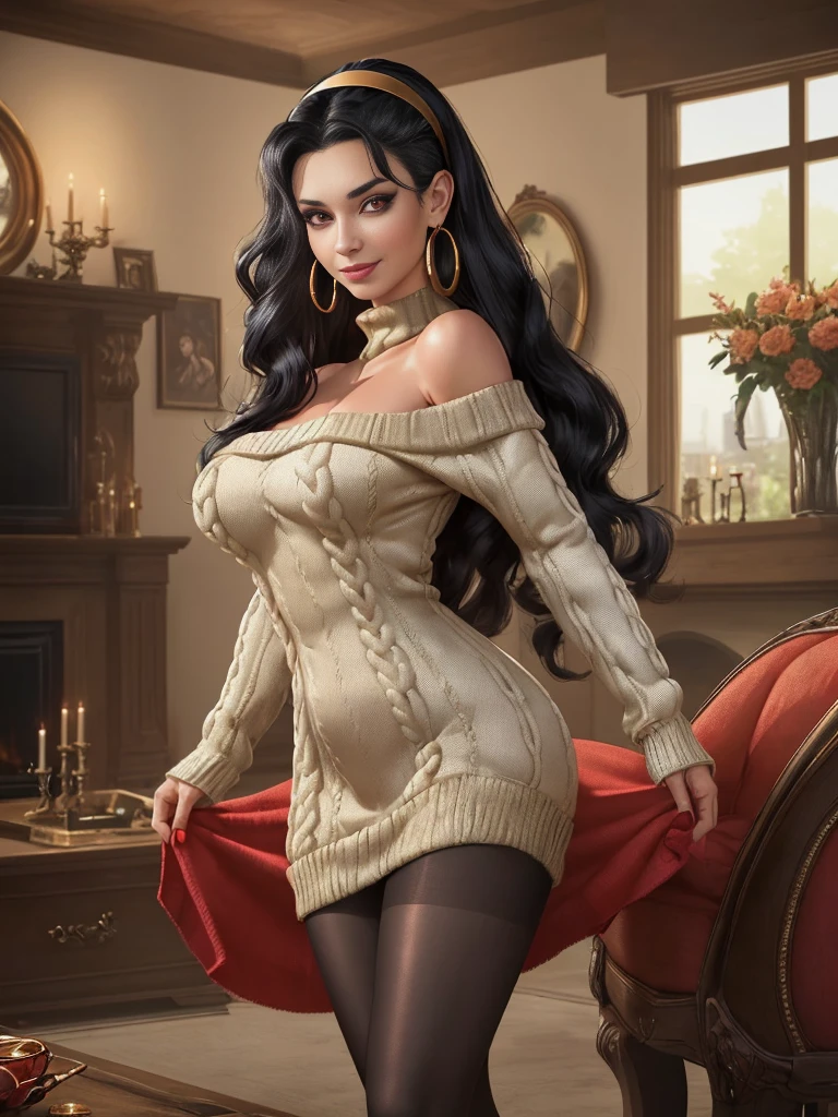 (masterpiece), (best quality), (beautiful eyes and face), (perfect female body), (shiny skin), looking at viewer, cowboy shot, 1girl, solo, yor briar, black hair, long hair, red eyes, large breasts, white hairband, gold earrings, jewelry, sweater dress, red sweater, off shoulder, long sleeves, black pantyhose, smile, standing, living room,