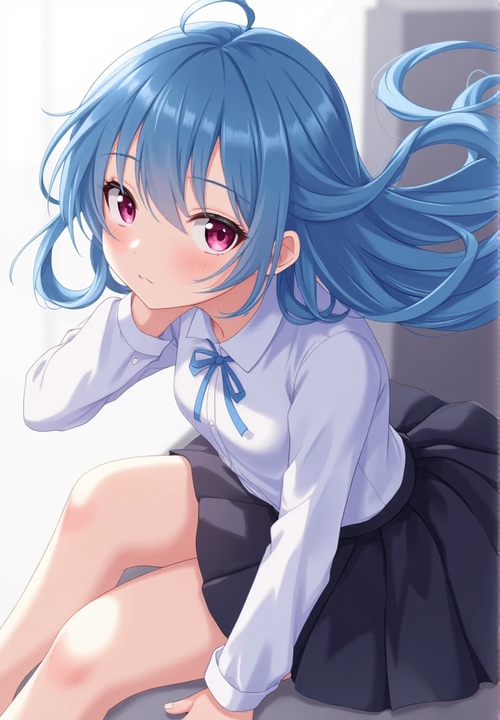 (detailed beautiful eyes and detailed face, masterpiece side light, masterpiece, best quality, detailed, high resolution illustration), (1 girl, beautiful girl, shiny skin, looking down, looking at viewer), ( Sky blue long hair, pink eyes, skirt, ribbon, button-down shirt) 45 degrees, top view, sideways, (hand detail)