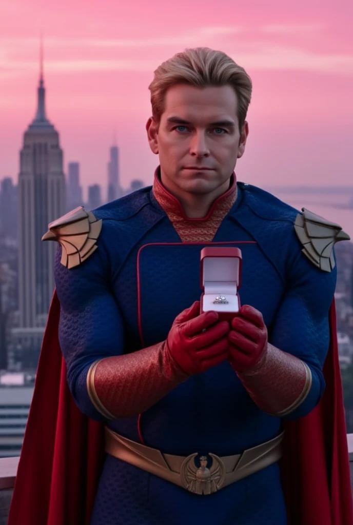 Homelander wearing a superhero outfit with a cape, blonde hair, blue eyes, red gloves, down on one knee, holding a small box with a diamond ring inside, proposing to the camera, POV proposal, 1boy, (((solo))), smiling into the camera, full body, on the roof of a building in New York City, beautiful pink sunset, picturesque, 4k, masterpiece