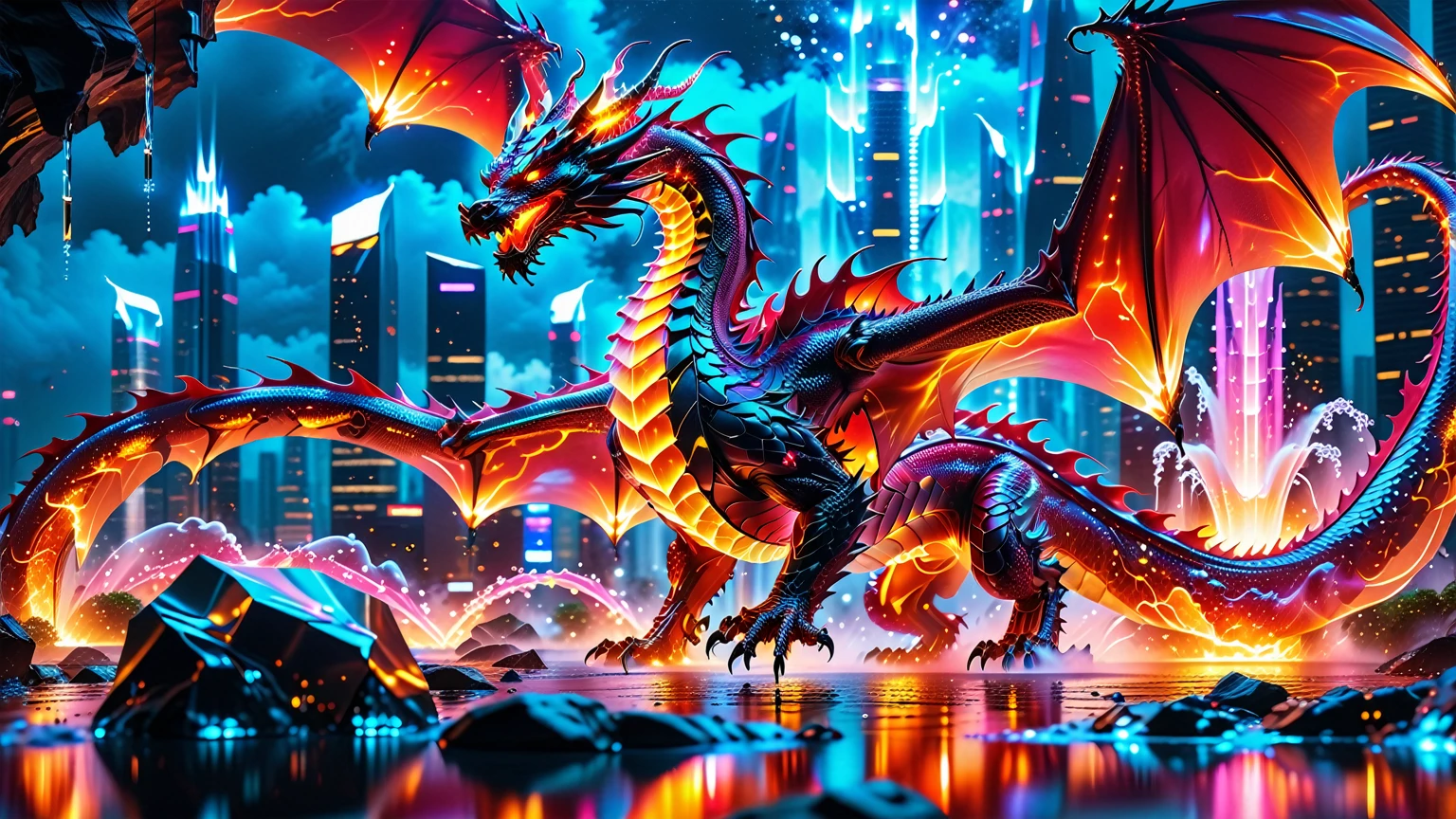 A Masterpiece In 32K Resolution, Supreme Quality, Super Detail, Official Art, Very High-Resolution 32K Wallpaper. Gleaming And Technological, Ultra-Detailed Features. A Majestic Dragon Of Fire, With Fiery Scales That Sparkle Like Rubies Against A Backdrop Of Sleek Glass Towers. Below, Cascading Cybernetic Waterfalls Flow Through The Futuristic City, Each Drop Illuminated By Soft Neon Glows. The Dragon Breathes Flames That Light Up The Night Sky, Creating A Stunning Contrast With The Cool, High-Tech Environment Surrounding It.