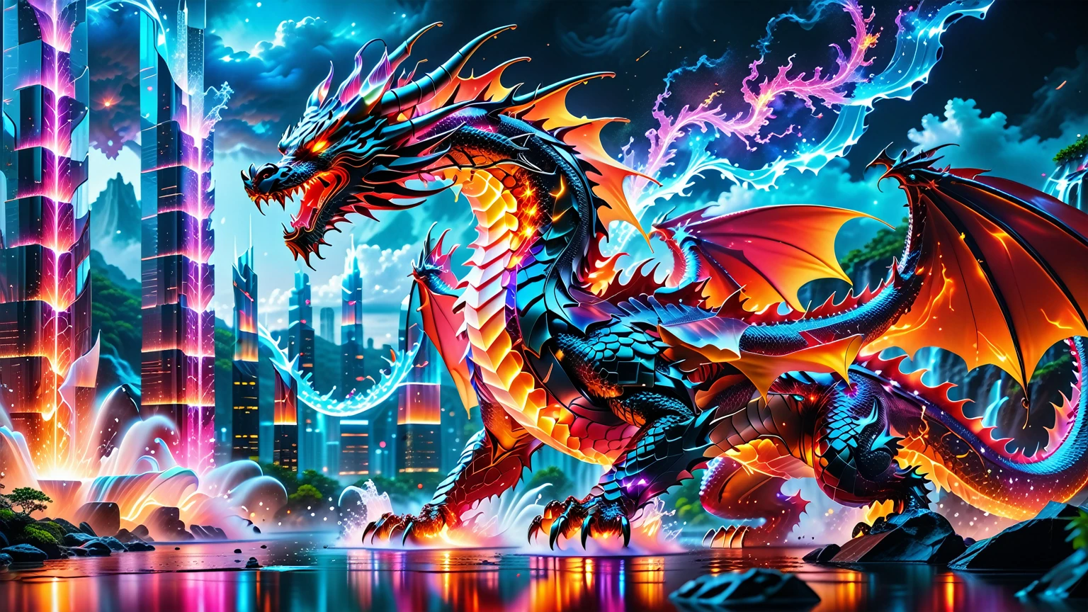 A Masterpiece In 32K Resolution, Supreme Quality, Super Detail, Official Art, Very High-Resolution 32K Wallpaper. Gleaming And Technological, Ultra-Detailed Features. A Majestic Dragon Of Fire, With Fiery Scales That Sparkle Like Rubies Against A Backdrop Of Sleek Glass Towers. Below, Cascading Cybernetic Waterfalls Flow Through The Futuristic City, Each Drop Illuminated By Soft Neon Glows. The Dragon Breathes Flames That Light Up The Night Sky, Creating A Stunning Contrast With The Cool, High-Tech Environment Surrounding It.