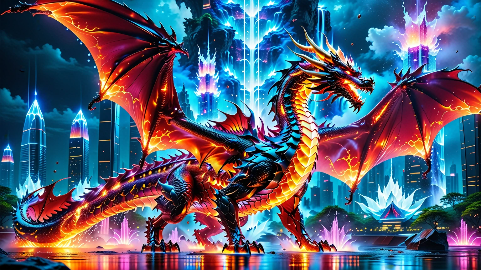 A Masterpiece In 32K Resolution, Supreme Quality, Super Detail, Official Art, Very High-Resolution 32K Wallpaper. Gleaming And Technological, Ultra-Detailed Features. A Majestic Dragon Of Fire, With Fiery Scales That Sparkle Like Rubies Against A Backdrop Of Sleek Glass Towers. Below, Cascading Cybernetic Waterfalls Flow Through The Futuristic City, Each Drop Illuminated By Soft Neon Glows. The Dragon Breathes Flames That Light Up The Night Sky, Creating A Stunning Contrast With The Cool, High-Tech Environment Surrounding It.