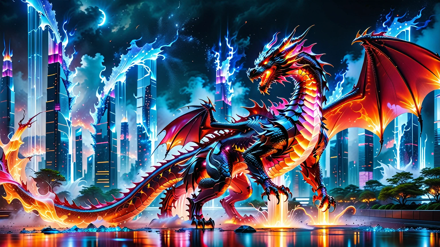 A Masterpiece In 32K Resolution, Supreme Quality, Super Detail, Official Art, Very High-Resolution 32K Wallpaper. Gleaming And Technological, Ultra-Detailed Features. A Majestic Dragon Of Fire, With Fiery Scales That Sparkle Like Rubies Against A Backdrop Of Sleek Glass Towers. Below, Cascading Cybernetic Waterfalls Flow Through The Futuristic City, Each Drop Illuminated By Soft Neon Glows. The Dragon Breathes Flames That Light Up The Night Sky, Creating A Stunning Contrast With The Cool, High-Tech Environment Surrounding It.