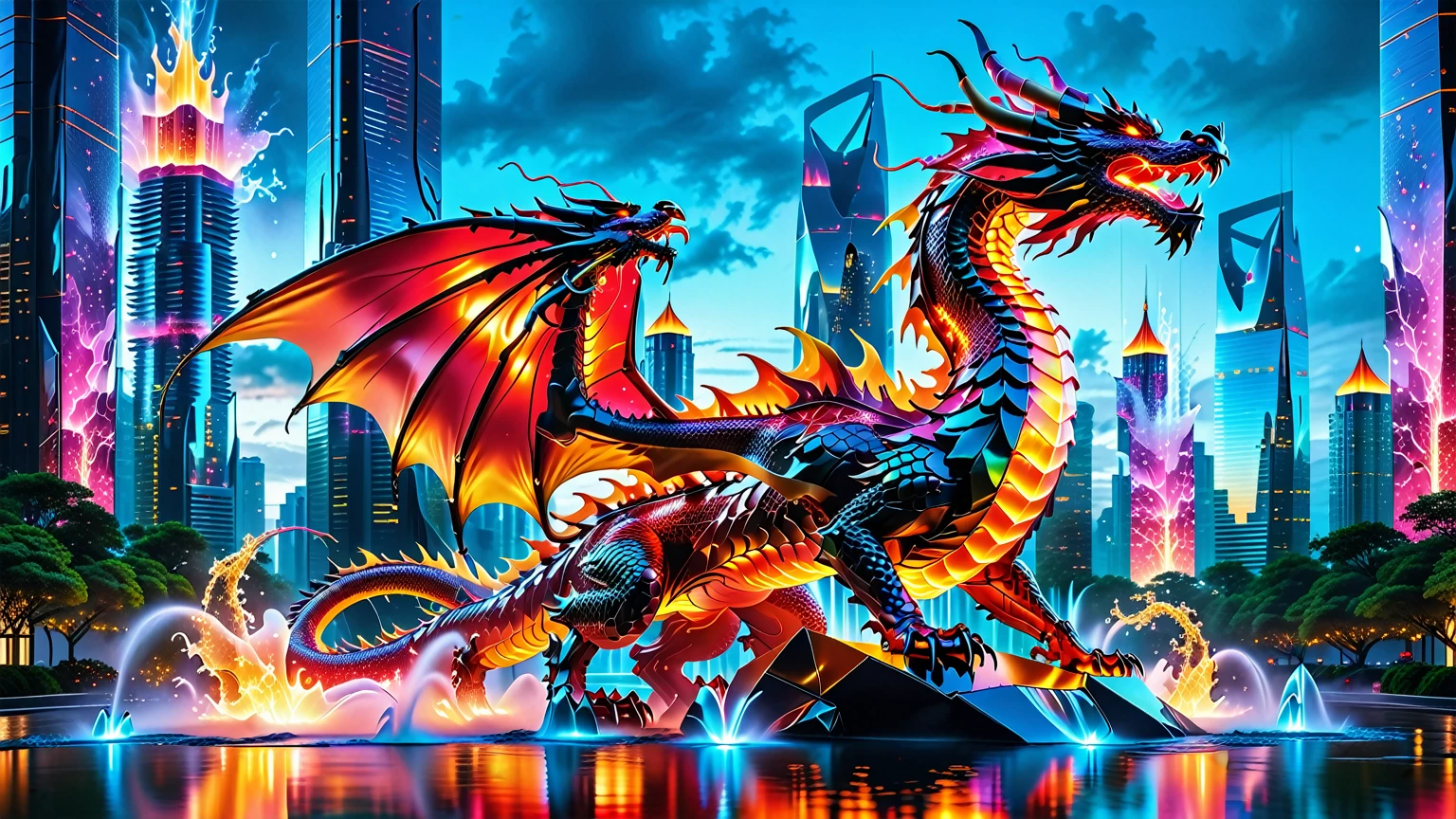 A Masterpiece In 32K Resolution, Supreme Quality, Super Detail, Official Art, Very High-Resolution 32K Wallpaper. Gleaming And Technological, Ultra-Detailed Features. A Majestic Dragon Of Fire, With Fiery Scales That Sparkle Like Rubies Against A Backdrop Of Sleek Glass Towers. Below, Cascading Cybernetic Waterfalls Flow Through The Futuristic City, Each Drop Illuminated By Soft Neon Glows. The Dragon Breathes Flames That Light Up The Night Sky, Creating A Stunning Contrast With The Cool, High-Tech Environment Surrounding It.