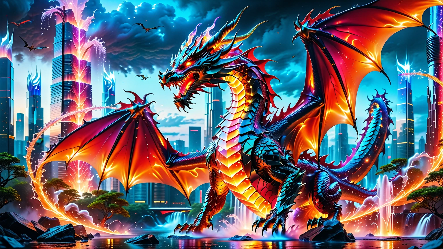 A Masterpiece In 32K Resolution, Supreme Quality, Super Detail, Official Art, Very High-Resolution 32K Wallpaper. Gleaming And Technological, Ultra-Detailed Features. A Majestic Dragon Of Fire, With Fiery Scales That Sparkle Like Rubies Against A Backdrop Of Sleek Glass Towers. Below, Cascading Cybernetic Waterfalls Flow Through The Futuristic City, Each Drop Illuminated By Soft Neon Glows. The Dragon Breathes Flames That Light Up The Night Sky, Creating A Stunning Contrast With The Cool, High-Tech Environment Surrounding It.