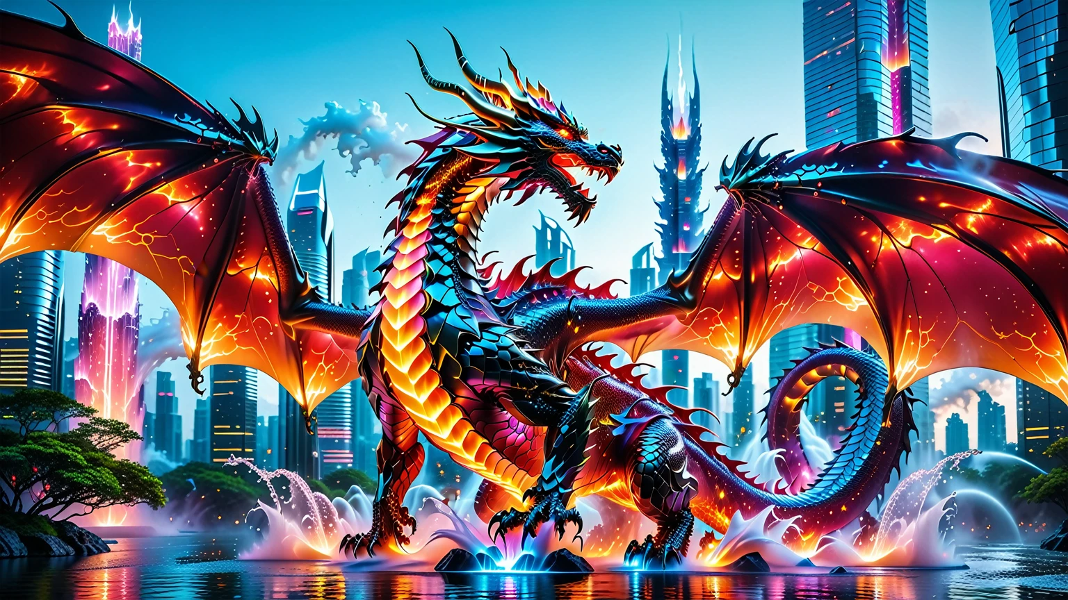 A Masterpiece In 32K Resolution, Supreme Quality, Super Detail, Official Art, Very High-Resolution 32K Wallpaper. Gleaming And Technological, Ultra-Detailed Features. A Majestic Dragon Of Fire, With Fiery Scales That Sparkle Like Rubies Against A Backdrop Of Sleek Glass Towers. Below, Cascading Cybernetic Waterfalls Flow Through The Futuristic City, Each Drop Illuminated By Soft Neon Glows. The Dragon Breathes Flames That Light Up The Night Sky, Creating A Stunning Contrast With The Cool, High-Tech Environment Surrounding It.