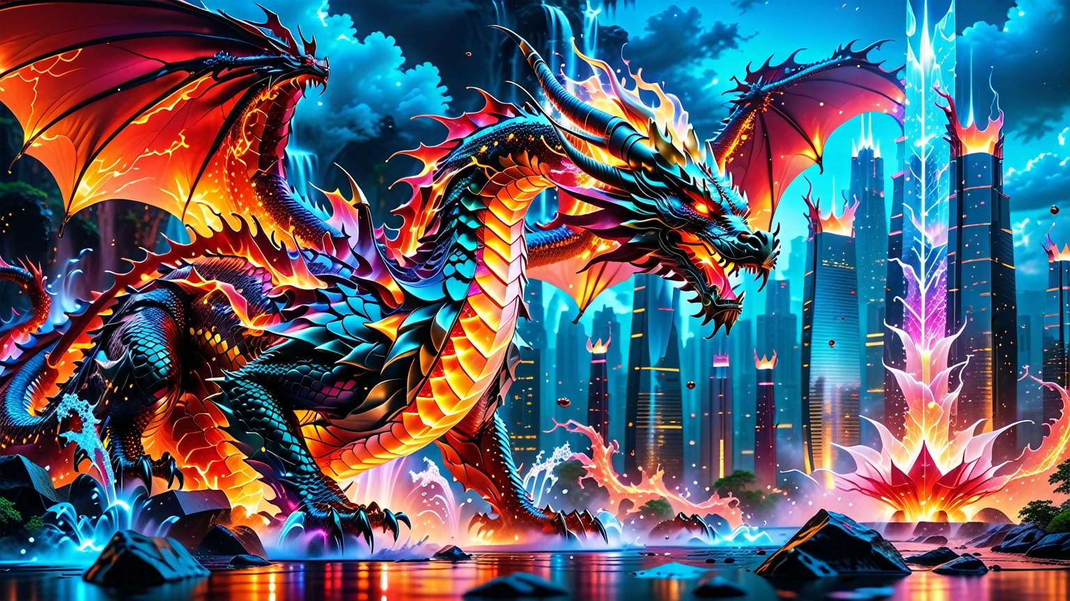 A Masterpiece In 32K Resolution, Supreme Quality, Super Detail, Official Art, Very High-Resolution 32K Wallpaper. Gleaming And Technological, Ultra-Detailed Features. A Majestic Dragon Of Fire, With Fiery Scales That Sparkle Like Rubies Against A Backdrop Of Sleek Glass Towers. Below, Cascading Cybernetic Waterfalls Flow Through The Futuristic City, Each Drop Illuminated By Soft Neon Glows. The Dragon Breathes Flames That Light Up The Night Sky, Creating A Stunning Contrast With The Cool, High-Tech Environment Surrounding It.