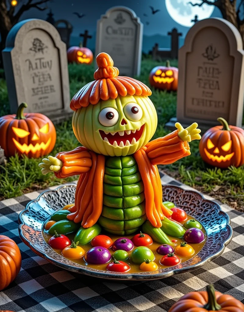 Halloween night，( colorful soup monster )，Artistic expression ， amazingly beautiful work ， The characters and elements of the landscape fit the image frame perfectly，Detailed implementation ， define high quality ，Expressive faces， sharp eyes ，（ haunted house kitchen ），masterpiece，( cute soup monster )， Food Product Photography ，Film and television lighting effects，Advanced Filters，Octane Rendering，Realistic Photography，Halloween Food Carving ，unique styling，Colorful colors ，Vivid colors