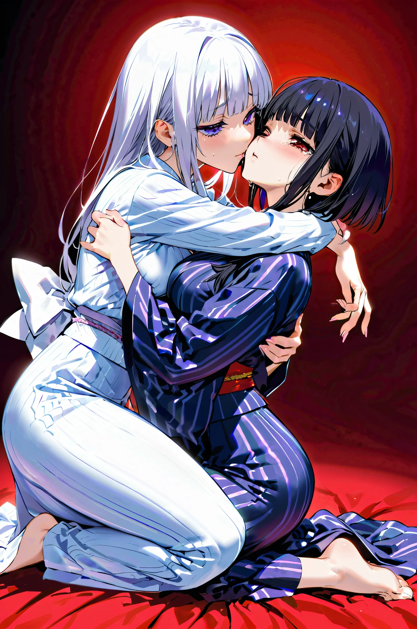 Two mature women hugging and kissing while crying in fear, yukata, kneeling,