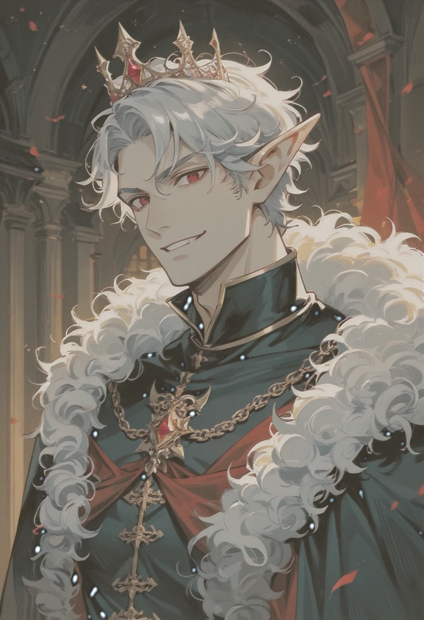 masterpiece, high quality, best aesthetics, romantic lighting, fantasy setting, handsome elf male in his 40's, smirk, red eyes, vampire, short silver hair, a king dressed in royal clothing, wearing crown, tall. He is posing with his 18-year-old daughter, an adorable elf princess with long blond curly hair, large breasts, and violet eyes wearing a jeweled tiara. 