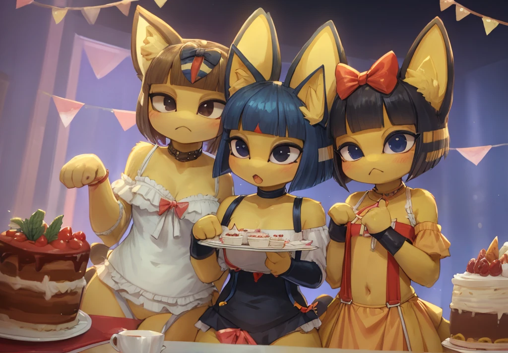 cat kittens, fruit, party, tap_dance, bird, spaghetti, Singing, holding, bow, blue_bow, red_bow, white_bow, off-shoulder_dress, yellow_dress, suspenders, red_suspender, blue_suspender, black_suspender, whale, party_hat, cake, red_cake, food, plate, holding_plate, cake_torte, tiered_plate, festive, celebratory, 3D, watercolor_\(medium\), no_humans, animal_focus, animal costume, cat_costume