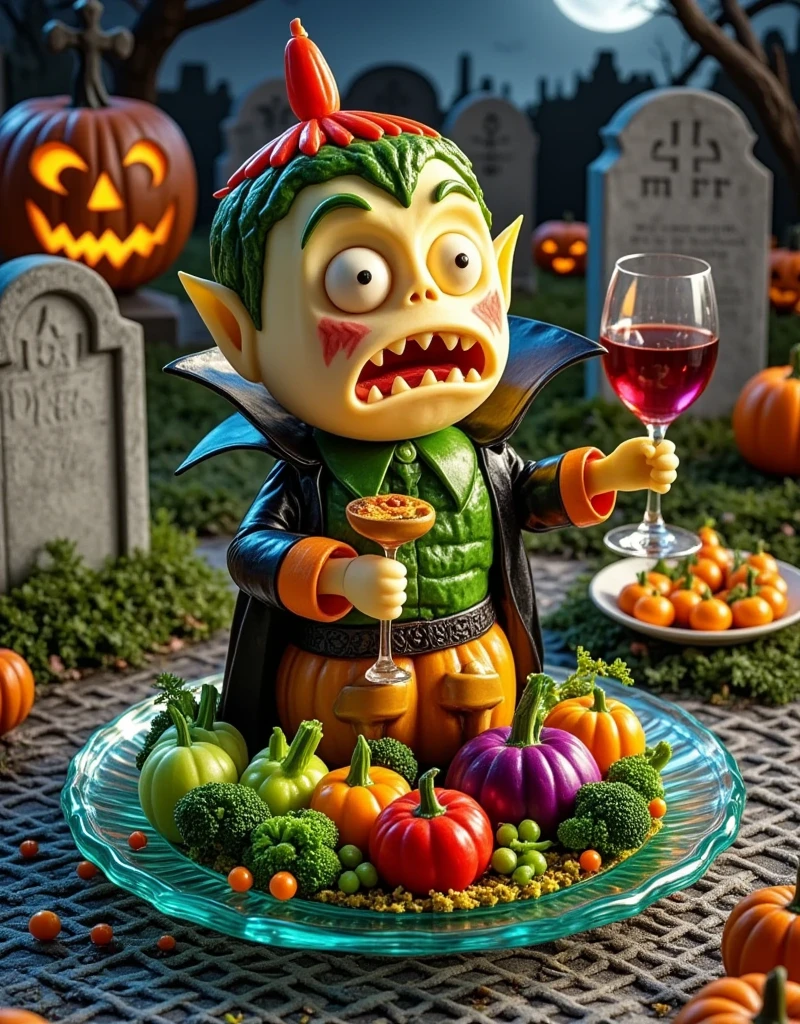 On Halloween night, various vegetables are skillfully assembled into a cute vampire drinking red wine, realistic photography, gourmet carvings, unique shapes, colorful colors, bright colors, standing on a high-end transparent jade plate, a gloomy cemetery, paved with latticework Tablecloth, detail characterization, food product photography, film and television lighting effects, advanced filters, octane rendering