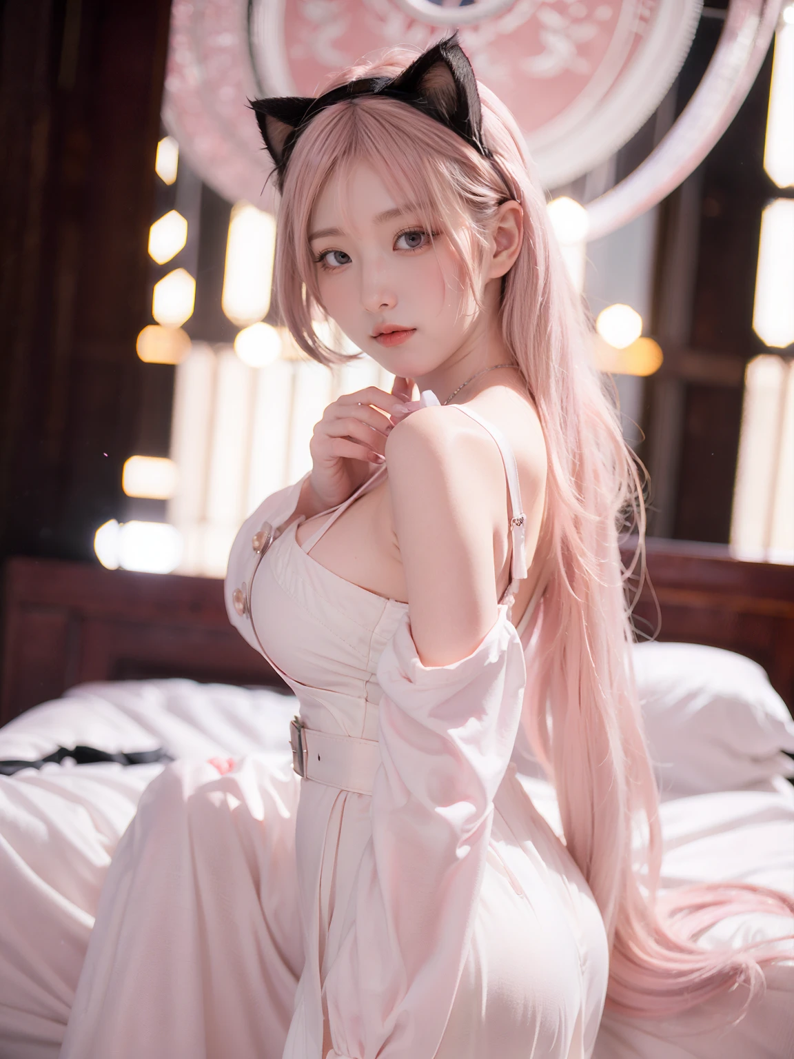 a beautiful young girl, large breasts, slim waist, wide hips, long light pink hair, wearing a white robe, cat ears, standing in front of a bed, looking at the viewer, hyper-detailed, 8k, photorealistic, intricate details, realistic skin texture, volumetric lighting, high quality, masterpiece