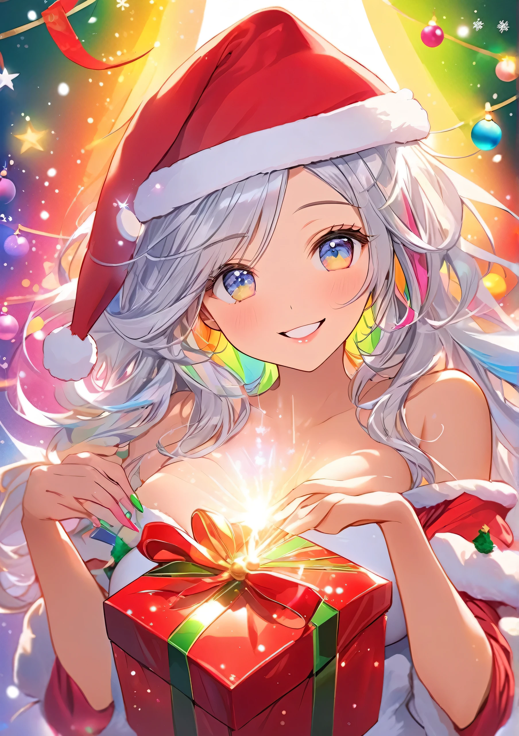 {worst quality, low-quality}, Anime artwork depicting a girl's face within a vivid and abstract collage of colors and patterns. ((Girl Photos)), alone, Big Breasts, Clear eyes and plump lips, Beautiful rainbow eyes ):1.2), Voice of the Heart, (The best smile:1.3), (Perfect hands: 1.3), (Long light silver hair, rainbow inner color: 1.5), (sexy santa girl with:1.3), ( santa costume:1.3), (off shoulders:1.4), (Santa hat on the head:1.4), (((holding out a Christmas present:1.4))), ((Perfect hand:1.2)),　The composition includes a variety of shapes, lines, and textures, all in bright and contrasting colors, creating a surreal and energetic atmosphere that draws the viewer in, ((Beautifully illuminated Christmas tree background:1.2)), --ar 3:4 --stylize 600 --niji 6, masutepiece,Best Quality,ultra-detailliert, ?masterpiece, masutepiece, Best Quality,ultra-detailliert, masterpiece,
