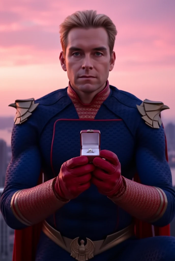 Homelander wearing a superhero outfit with a cape, blonde hair, blue eyes, red gloves, down on one knee, holding a small box with a diamond ring inside, proposing to the camera, POV proposal, 1boy, ((((((((((((((((((solo)))))))))))))))))), (smiling), full body, on the roof of a building in New York City, beautiful pink sunset, picturesque, 4k, masterpiece, ((((looking at the camera))))