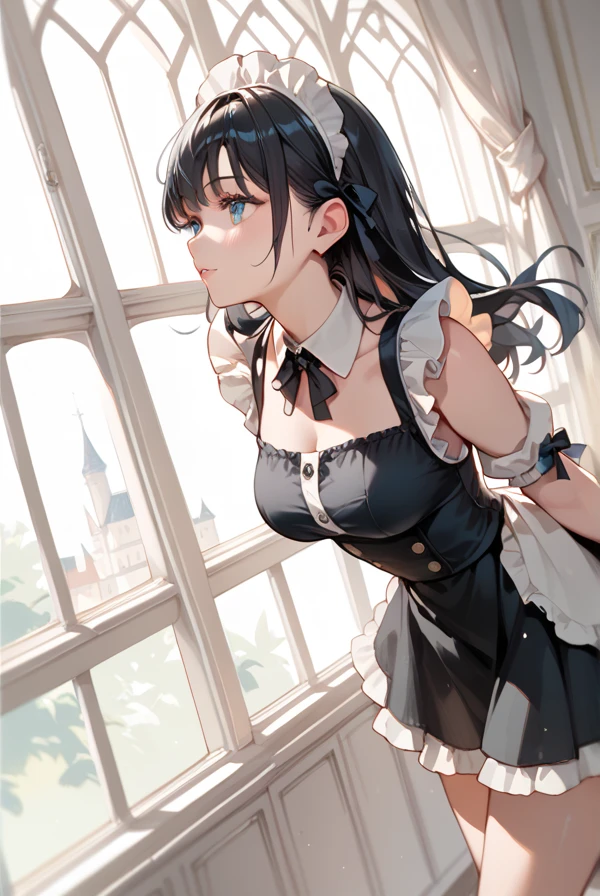 Black Hair, maid clothes,Thighs,Mansion,Maid knitting on the windowsill, anime style
