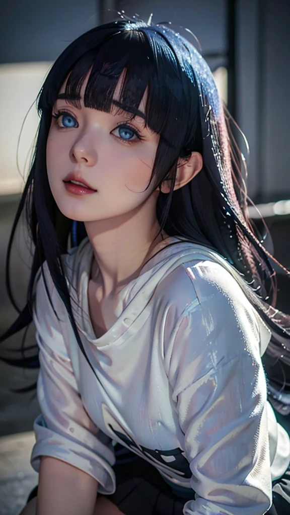 a close up of a person with long hair and a white clothes, uzumaki himawari, uzumaki himawari from anime boruto, as an anime character, perfect anime face, she has dark blue hair with bangs, female anime character, anime character, anime best girl, hime cut hairstyle, dark blue hair, (red glossy lips:1.3), blue eyes, smile, realistic, ultra detail, city background, (beautiful face:1.3)masterpiece, high quality, highly detailed, realistic, photorealistic, semi-realistic, portrait,
SUBJECT1woman, solo, DETAIL On the streets of Tokyo, model pose,
Soft blue eyes details, pretty nose details, realistic face, realistic body, realistic light, sweet smile expression, pink short skirt, long sleeves, hood, hoodie, pink skirt, bright yellow hoodie, himawari uzumaki, short hair, bangs , blue eyes, black hair, blunt bangs, scar on the face, two small rows of mustache marks on the right and left cheeks with a detailed and very detailed character