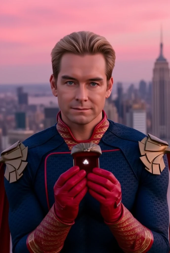 Homelander wearing a superhero outfit with a cape, blonde hair, blue eyes, red gloves, down on one knee, holding a small box with a diamond ring inside, proposing to the camera, POV proposal, 1boy, ((((((((((((((((((solo)))))))))))))))))), (((smiling))), full body, on the roof of a building in New York City, beautiful pink sunset, picturesque, 4k, masterpiece, ((((looking at the camera))))