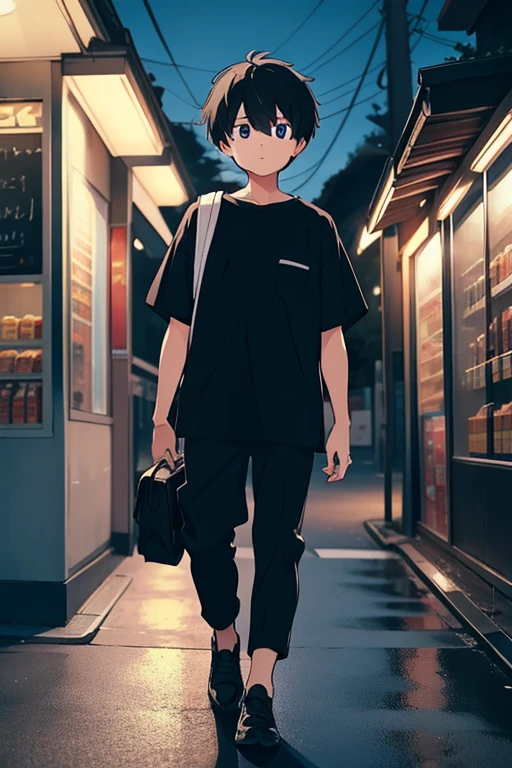 one male, age 20, ,  tousled black hair , black shirt, carrying a convenience store bag ,  walking in a secluded urban area at night