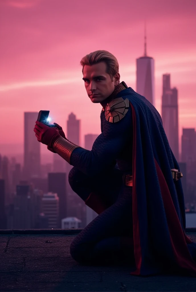 Homelander wearing a superhero outfit with a cape, blonde hair, blue eyes, red gloves, down on one knee, holding a small box with a diamond ring inside, proposing to the camera, POV proposal, 1boy, ((((((((((((((((((solo)))))))))))))))))), (((smiling))), full body, on the roof of a building in New York City, beautiful pink sunset, picturesque, 4k, masterpiece, ((((looking at the camera))))