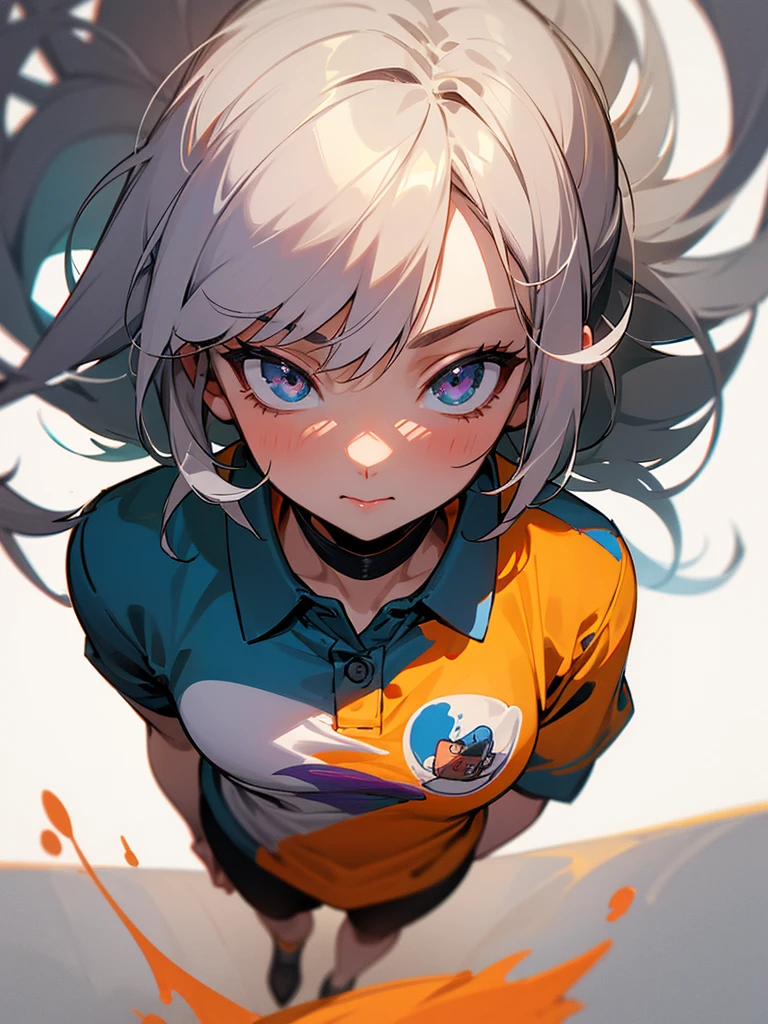 girl, in a polo shirt ,  at full height, cute picture on the anime shirt, Feмужской with Gray hair,   looks at the viewer,  Digital art, masterpiece, spicy, portrait,