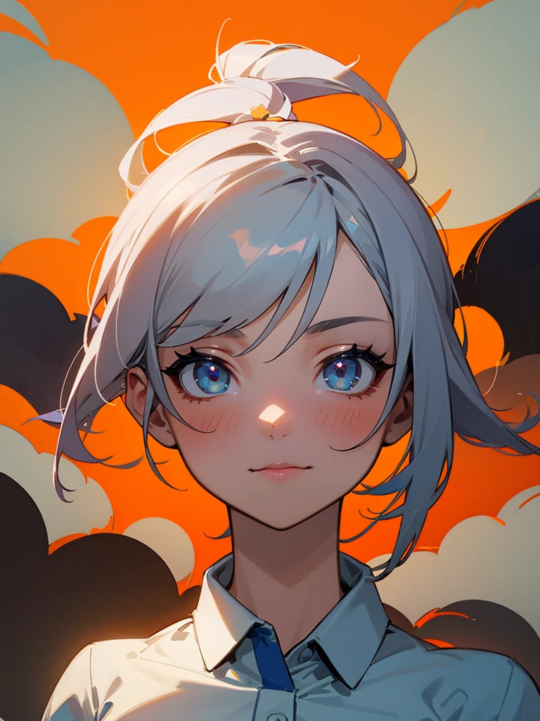 girl, in a polo shirt ,  at full height, front view, cute picture on the anime shirt, Feмужской with Gray hair,   looks at the viewer,  Digital art , masterpiece, spicy, portrait,