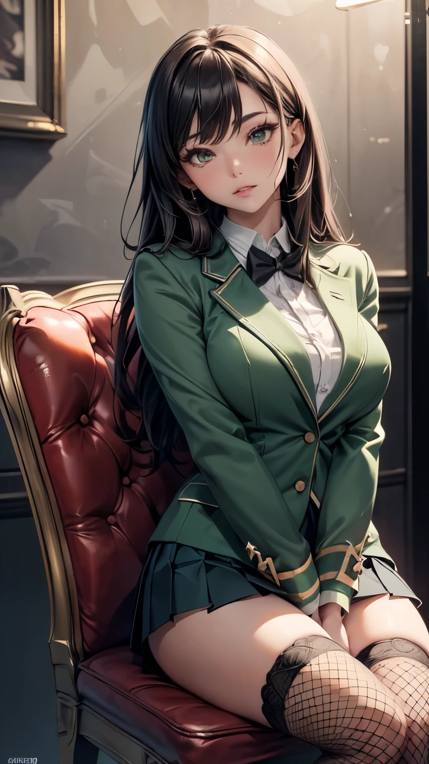 (( ultra high resolution ,masterpiece:1.2)),(( Highly detailed art )),((Unity 8k Quality )),(( Very Beautiful 21 Year Girl )),(( Green Blazer Uniform,red pleated micro miniskirt )),((Black fishnet stockings_ stockings)), Sleek Brown Long Hair , very cute girl ,Cute face,A soft and gentle smile, beautiful eyelashes , double eyelid, natural makeup , Beautiful Clear Green Eyes , attractive lips ,(( PERFECT BODY , supermodel , perfect anatomy)), RAW photo, photorealistic ,Large Breasts, (( Sitting on a Chair ,Cross-legged:1.2)),Hair Touching Poses, professional writing , , composition looking up at a slight angle from below,Thighs close up