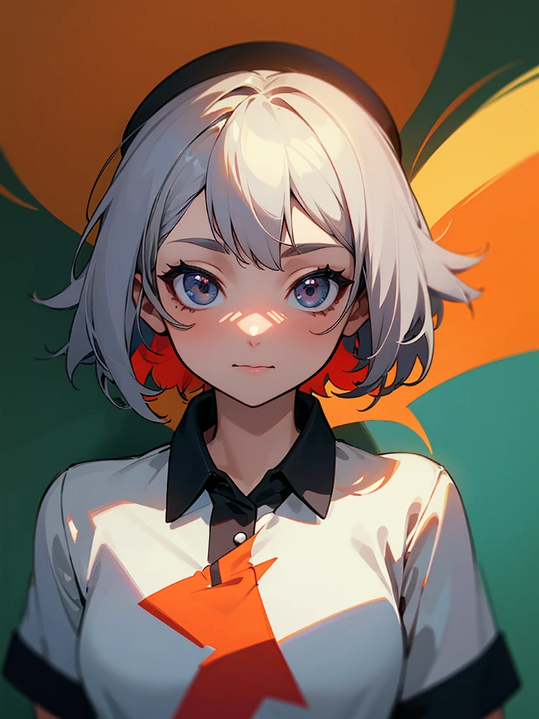 girl, in a polo shirt ,  at full height, вид спереди  at full height, cute picture on the anime shirt, Feмужской with Gray hair,   looks at the viewer,  Digital art, masterpiece, spicy, portrait,