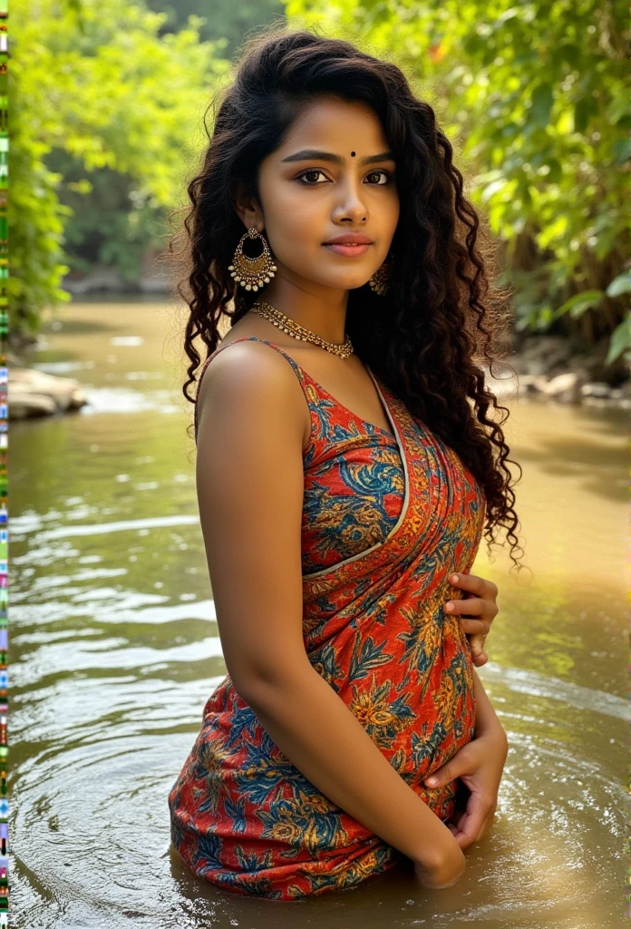 Beautiful Indian woman wearing saree taking bath in river, High quality, highly detailed, detailed skin, beautiful face, georgeous, huge breasts, thick body, sexy, hot, realistic, absolute reality, real, 4k quality, sun light filtering through leaves and highlighting the details. Beautiful eyes, black curly hair, detailed hair, standing knee deep water. Soft skin,