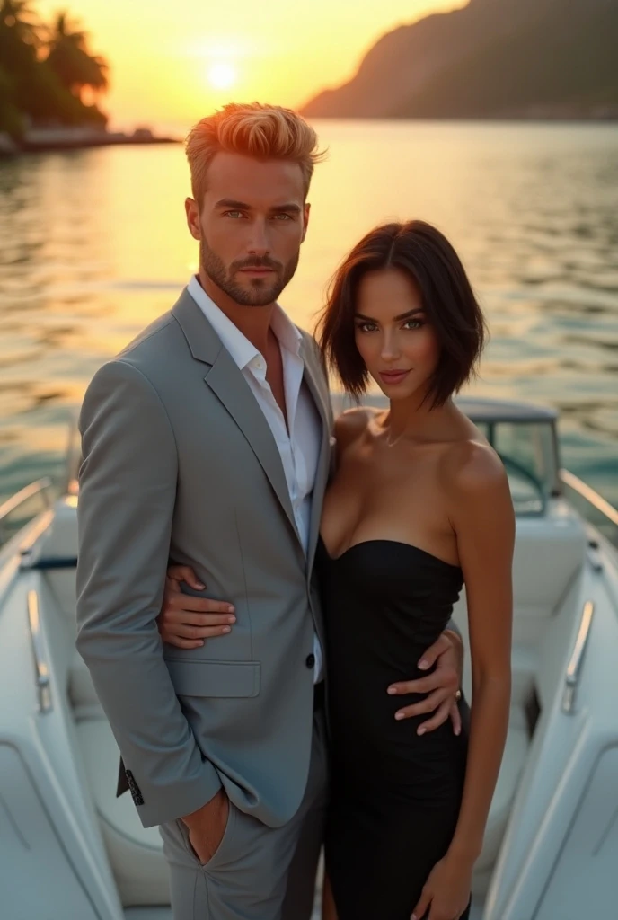 (A man and a girl come out of wet water), In black dress trousers, no shirt, (Beard and attractiveness) movie scene, (Impeccable), Tanned and healed body, Serious and elegant man and topless woman, Actor Jamie Dornan, with thick men's eyebrows, Secret Agent 007 Men's Style, (with a mysterious and serious face,) short dark hair, Elegant and elegant, Body fit and strong fit in suit, Background image of the sea in Greece, person, similar to actor Jamie Dornan, ( High quality and realism of the image), ((Best Quality, 8K, Masterpiece).