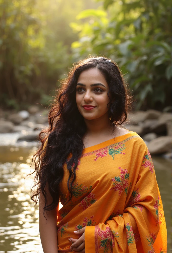 Beautiful Indian woman wearing saree taking bath in river, High quality, highly detailed, detailed skin, beautiful face, georgeous, huge breasts, thick body, sexy, hot, realistic, absolute reality, real, 4k quality, sun light filtering through leaves and highlighting the details. Beautiful eyes, black curly hair, detailed hair, standing knee deep water. Soft skin,