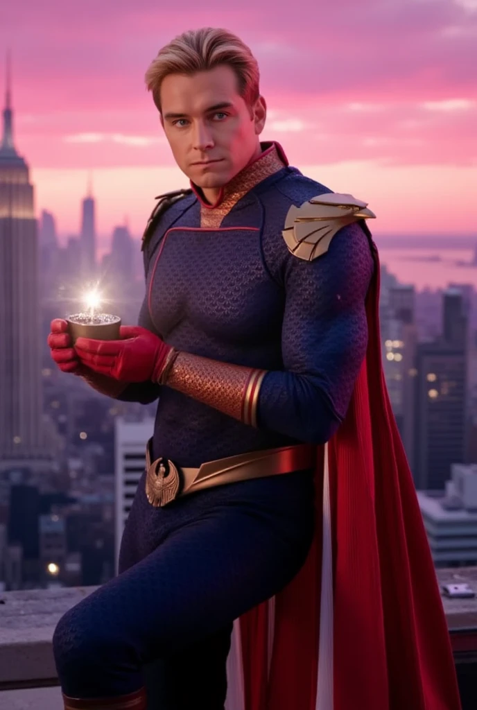 Homelander wearing a superhero outfit with a cape, blonde hair, blue eyes, red gloves, down on one knee, holding a small box with a diamond ring inside, proposing to the camera, POV proposal, 1boy, ((((((((((((((((((solo)))))))))))))))))), (((smiling))), full body, on the roof of a building in New York City, beautiful pink sunset, picturesque, 4k, masterpiece, ((((looking at the camera))))