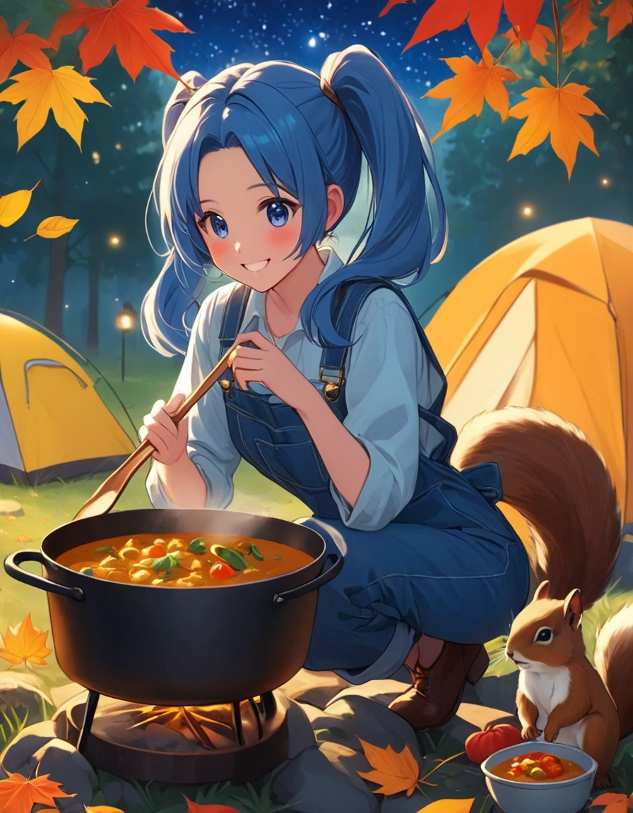  light blue long hair、Beautiful girl with twin tails、 cute denim field coveralls 、Autumn leaves campsite 、 with little characters 、I'm making curry、 little characters are watching with a smile、 squirrels are gathering 、Moonlit Night、The starry sky is beautiful